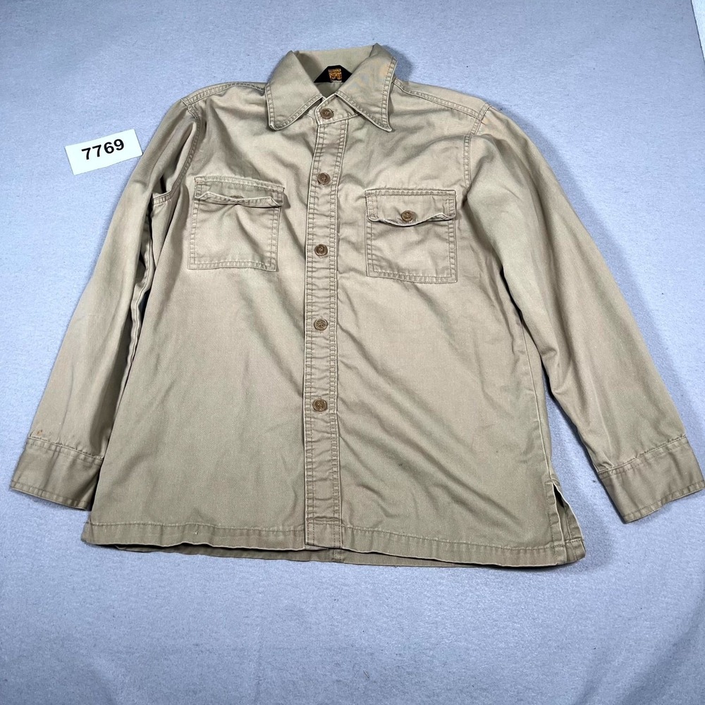 Sears‎ Contemporary Sportswear Shirt Mens Large Tan Collar Button Up FLAWED